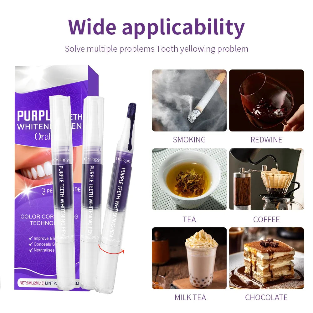Purple whitening gel pen, instant teeth whitening pigment pen for removing stains and restoring tooth color
